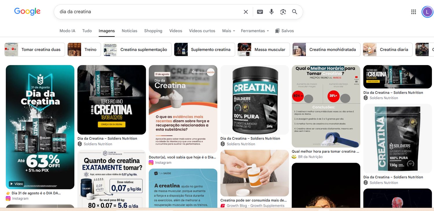 Resultados de busca do Dia da Creatina dominados pela Soldiers